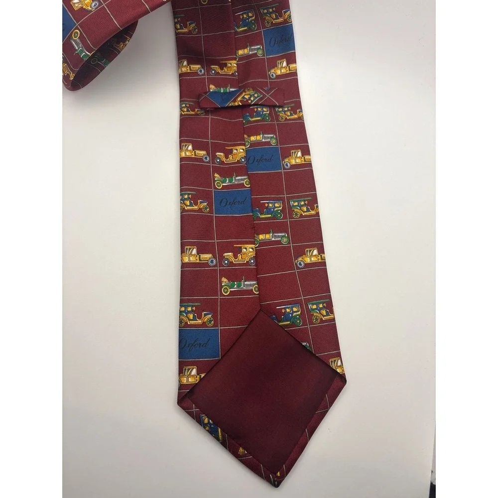 Oxford Mens Silk Tie Burgundy Vintage Antique Cars Novelty Grid Pattern Red